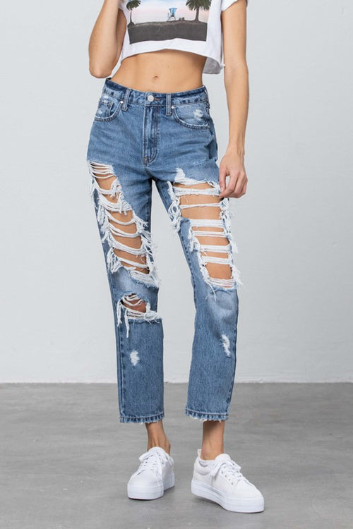 Edgy Chic: Heavy Destroyed High Rise Jeans