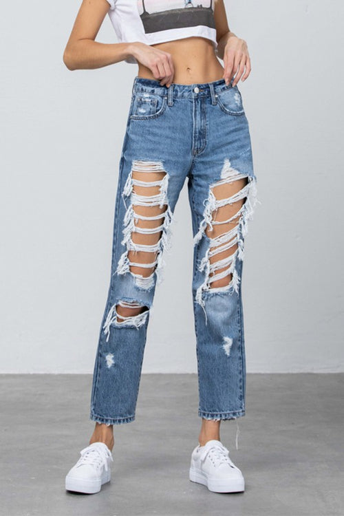 Edgy Chic: Heavy Destroyed High Rise Jeans