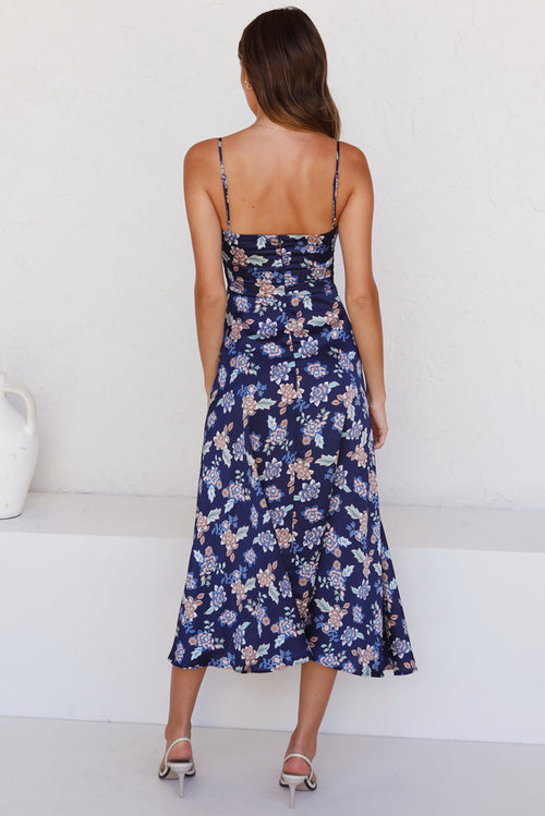 Sophisticated Blue Floral Maxi Dress with Slit