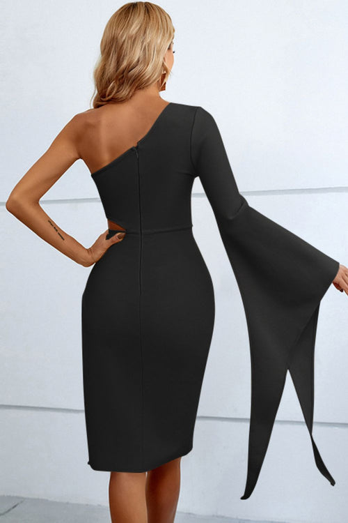 Sophisticated One-Shoulder Flare Sleeve Cocktail Dress