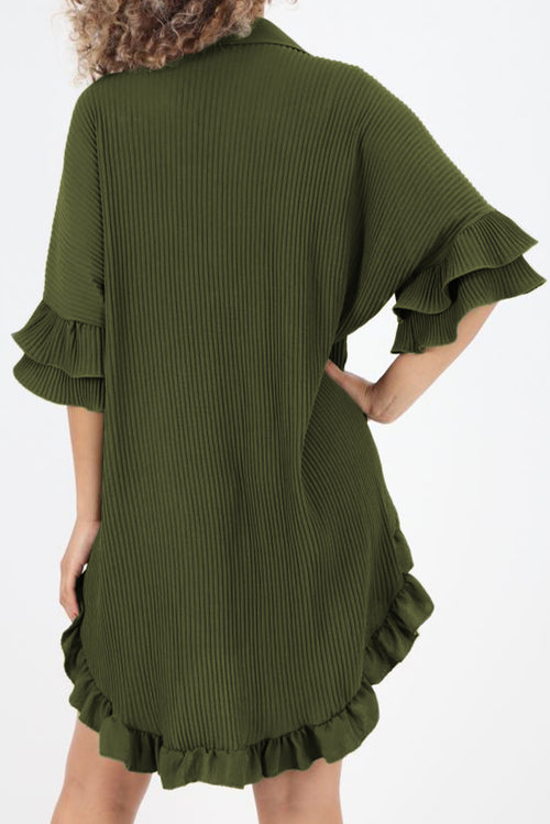 Elegant Moss Green Ruffle Sleeve Dress