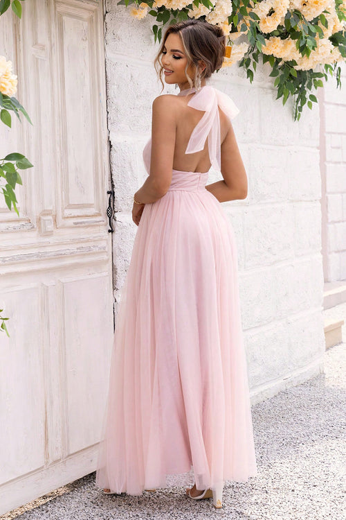 Backless Mesh Halter Dress - Elegant Allure