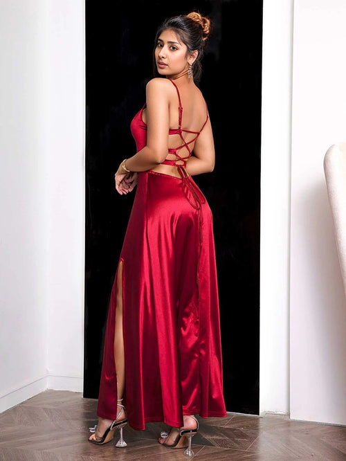 Opulent Lace-Up Back Maxi Dress: Regal Elegance