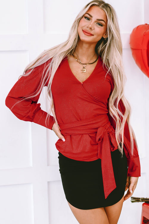 Fiery Red Glitter Wrap V Neck Tie Hem Puff Sleeve Blouse