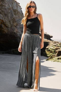 White Striped Printed Slit Wide Leg High Waist Pants