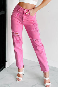 Hot Pink Star Patchwork Jeans