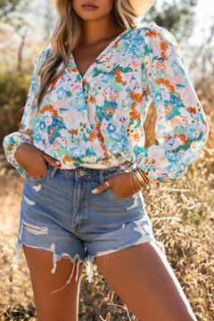 Elegant Sky Blue Floral Wrap Bodysuit