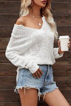 Charming White V Neck Sweater with Side Splits