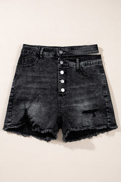 Black High Waist Multi Buttons Raw Edge Denim Shorts