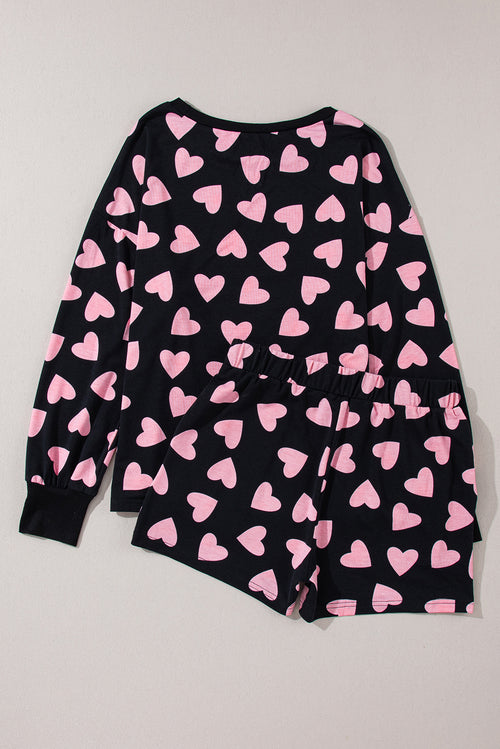 Pink Valentine Heart Shape Print Long Sleeve Top Shorts Lounge Set