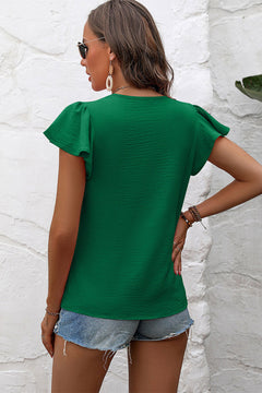 Dark Green Solid Color Textured Pleated Flutter Sleeve Blouse