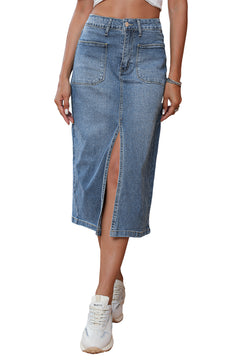 Effortlessly Chic Sky Blue Denim Midi Skirt