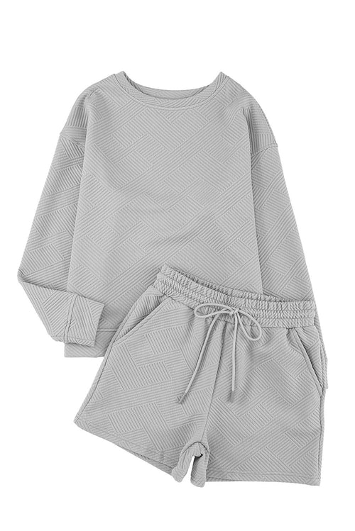 White Textured Long Sleeve Top and Drawstring Shorts Set