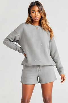 White Textured Long Sleeve Top and Drawstring Shorts Set