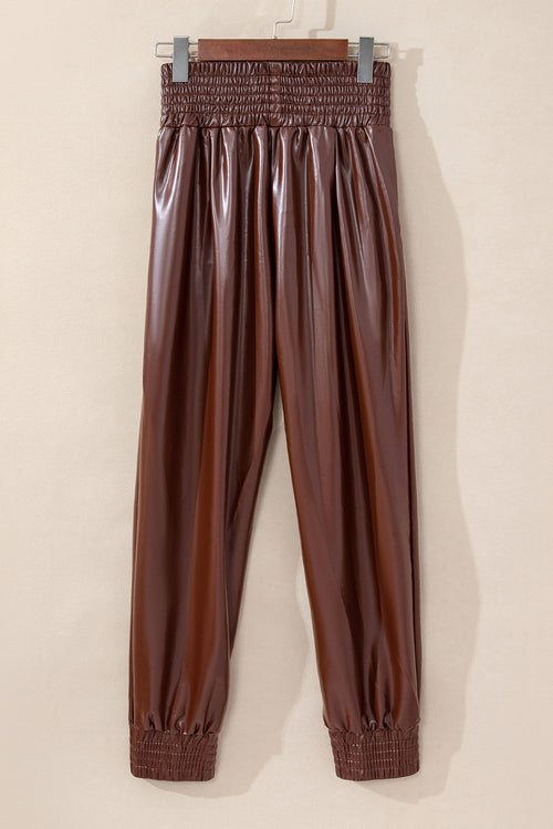 Black Smocked High-Waist Leather Skinny Pants