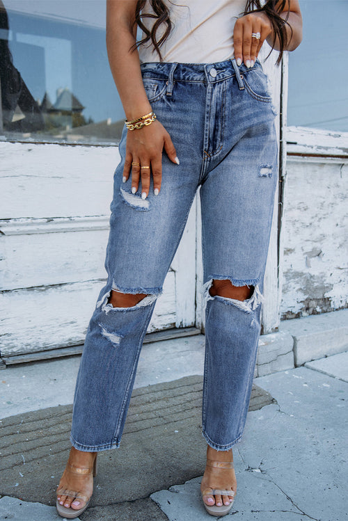 Sky Blue Open Knee Jeans: Edgy Style