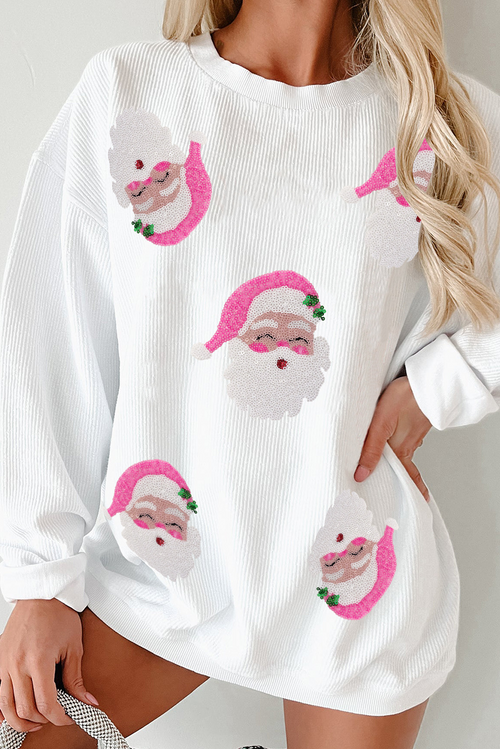 Sequin Santa's Whimsical White Ribbed Sweatshirt