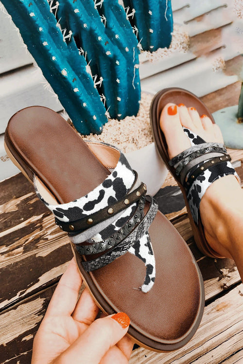 White Studded Animal Print Flip Flop Sandals