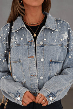 Sky Blue Distressed Pearls Star Cropped Denim Jacket