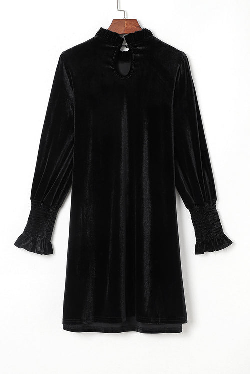 Elegant Black Velvet Frill Neck Shift Dress