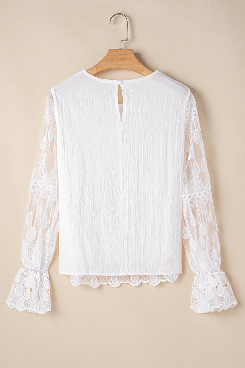 Flirty Beige Embroidered Mesh Sleeve Blouse 🌟