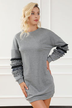 Exquisite Grey Fringed Ruffled Sweatshirt Dress