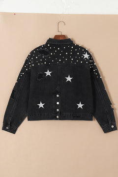 Sky Blue Distressed Pearls Star Cropped Denim Jacket