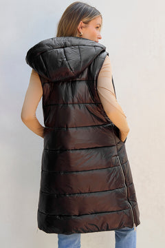 Dark Grey Hooded Long Quilted Vest Coat