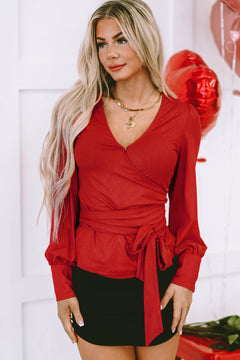 Fiery Red Glitter Wrap V Neck Tie Hem Puff Sleeve Blouse