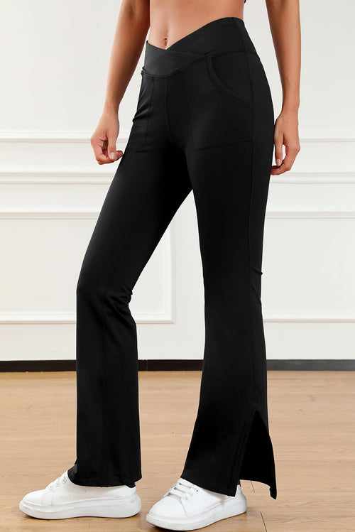 Flared Black Leggings: Chic Cross Waist Split-Hem