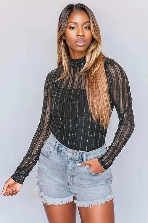 Black Star Mesh Mock Neck Long Sleeve Bodysuit