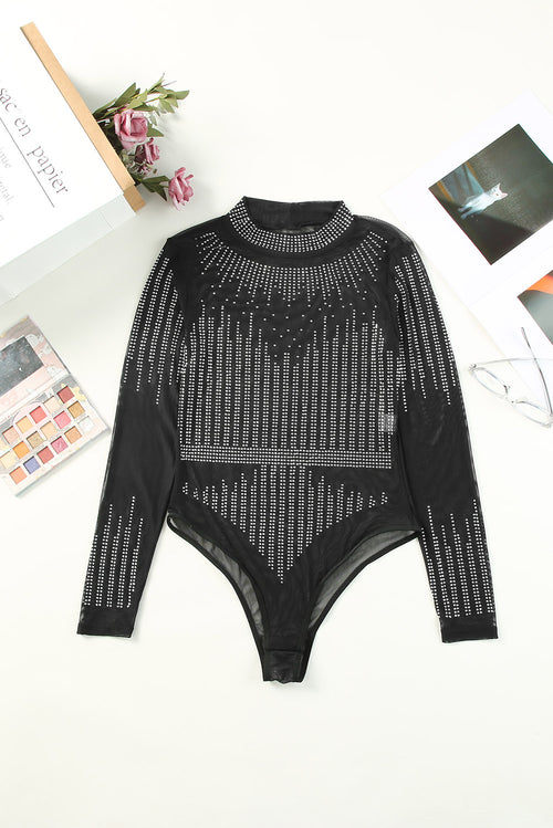 Black Rhinestone Mesh Bodysuit: Pure Elegance!