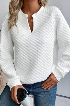 Chic Khaki Quilted Long Sleeve Top with Split Neck Delight