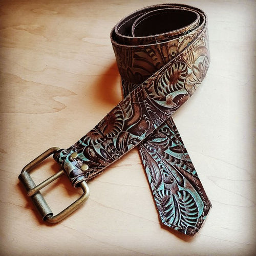 Turquoise Brown Floral Genuine Leather Belt: Majesty.