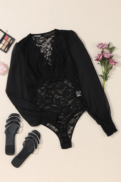 Black Lace Bodysuit with Bubble Sleeves