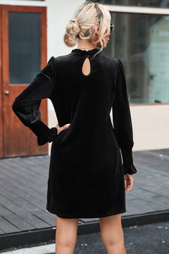 Elegant Black Velvet Frill Neck Shift Dress