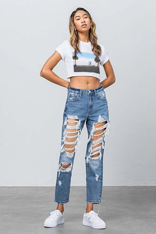 Edgy Chic: Heavy Destroyed High Rise Jeans