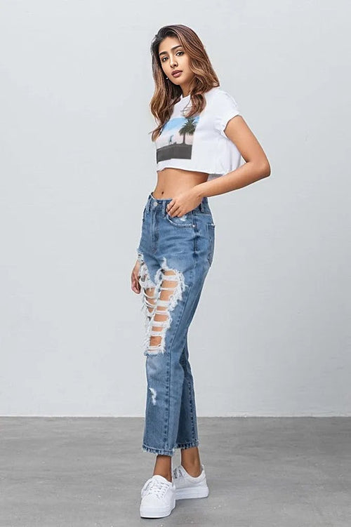 Edgy Chic: Heavy Destroyed High Rise Jeans