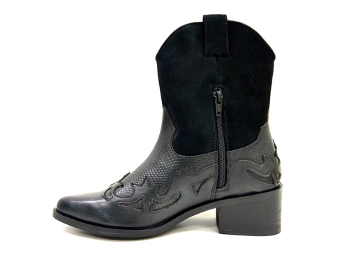Luxury Black Embossed Western Block Heel Boot