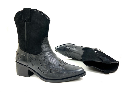 Luxury Black Embossed Western Block Heel Boot