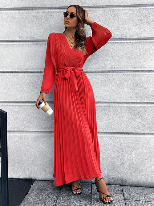 V-Neck Pleated Maxi Dress with Tie Waist