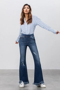 Comfy & Stylish Elastic Banded Frayed Flare Jeans