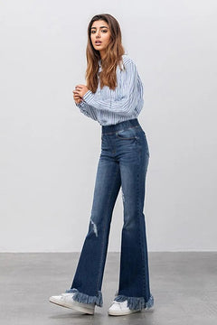 Comfy & Stylish Elastic Banded Frayed Flare Jeans