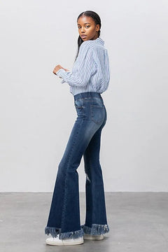 Comfy & Stylish Elastic Banded Frayed Flare Jeans