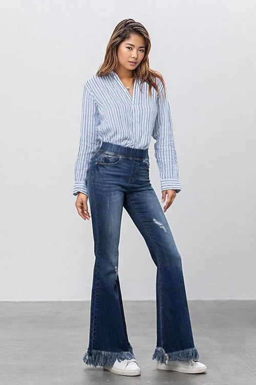 Comfy & Stylish Elastic Banded Frayed Flare Jeans