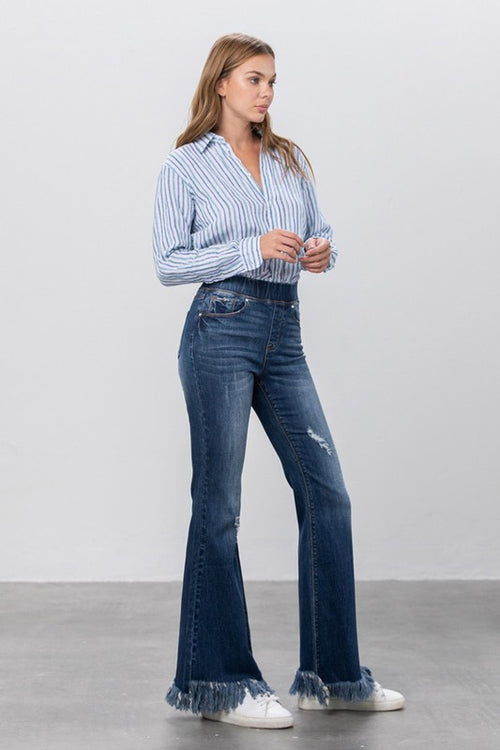 Comfy & Stylish Elastic Banded Frayed Flare Jeans