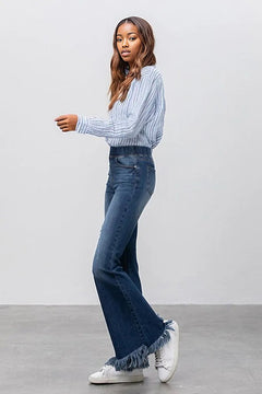 Comfy & Stylish Elastic Banded Frayed Flare Jeans