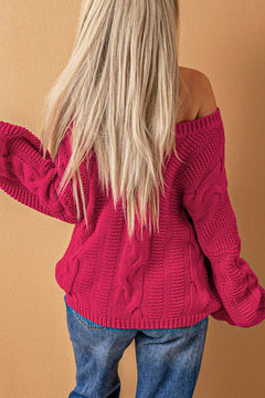 Charming Rose Bubblegum V-Neck Braided Knit Sweater