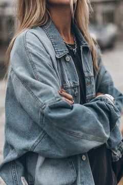 Sky Blue Metal Buttons Flap Pocket Drop Shoulder Denim Jacket