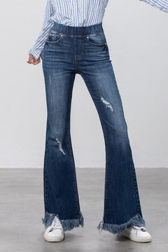 Comfy & Stylish Elastic Banded Frayed Flare Jeans